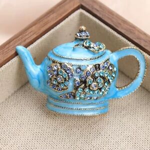 Blue Teapot Gold Crystal Brooch